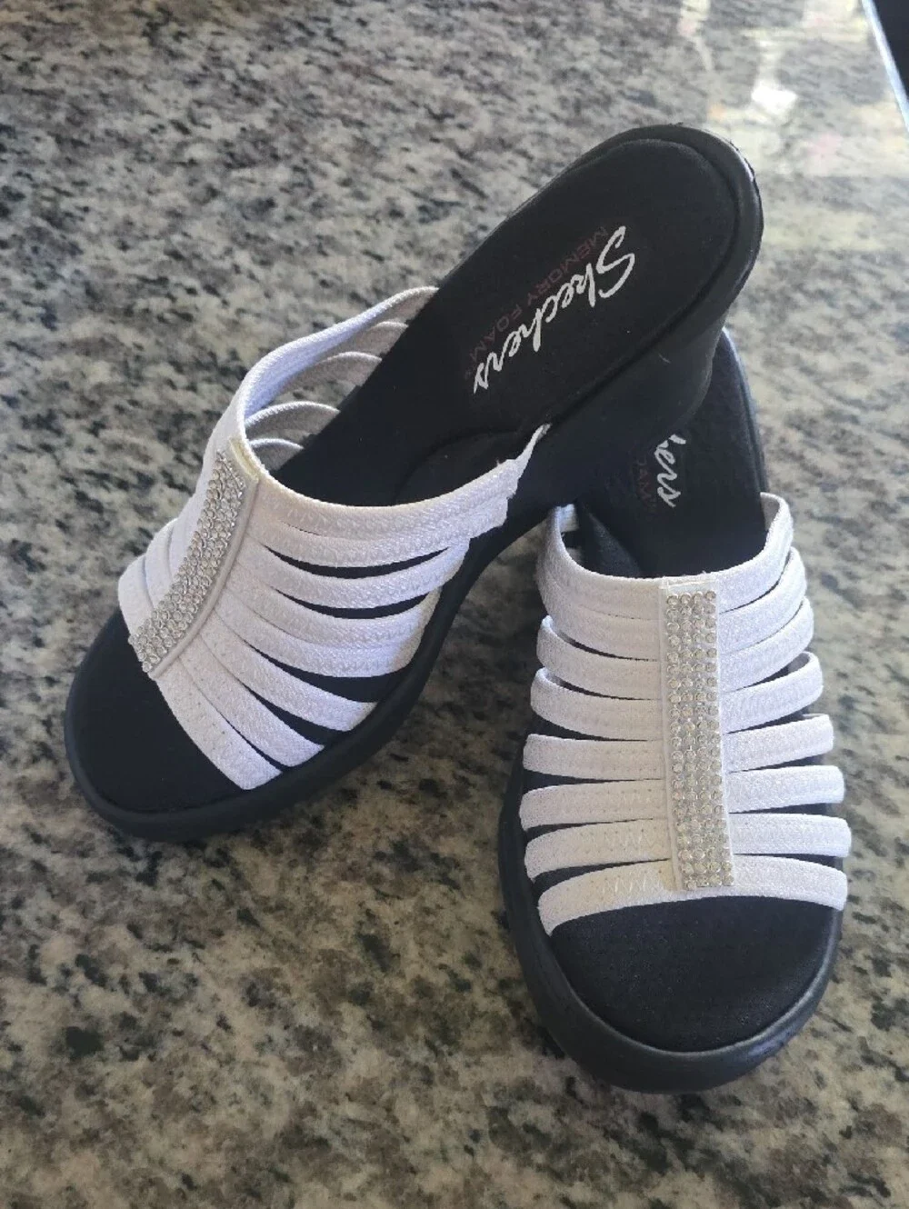 Skechers White Multi-Strap Slide Sandals with Rhinestone Trim-Memory Foam